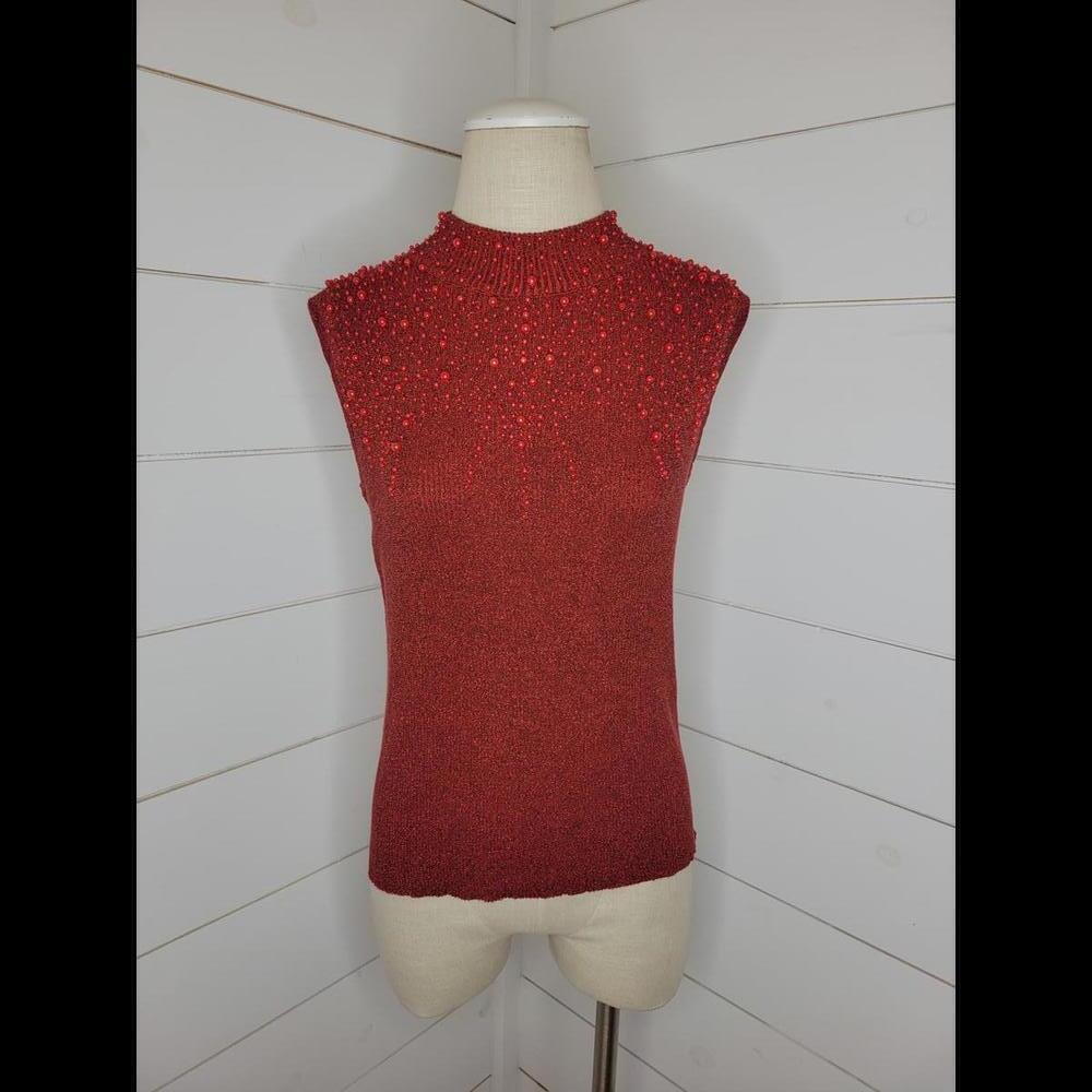 Investments medium red sparkly sleeveless sweater with beads